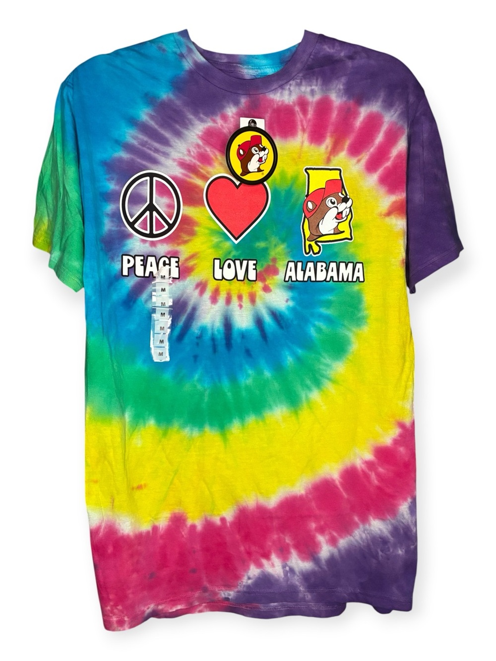Buc-ee’s M Peace Love Alabama Rainbow Spiral Tie Dye T-Shirt